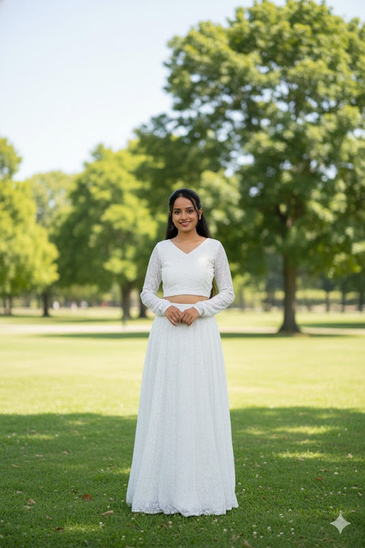 White Long-Sleeved Crop Top With Matching Lehenga For Women & Girls