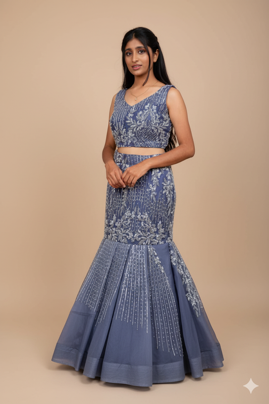 Grey Lehenga With Silver Embellishments For Women & Girls