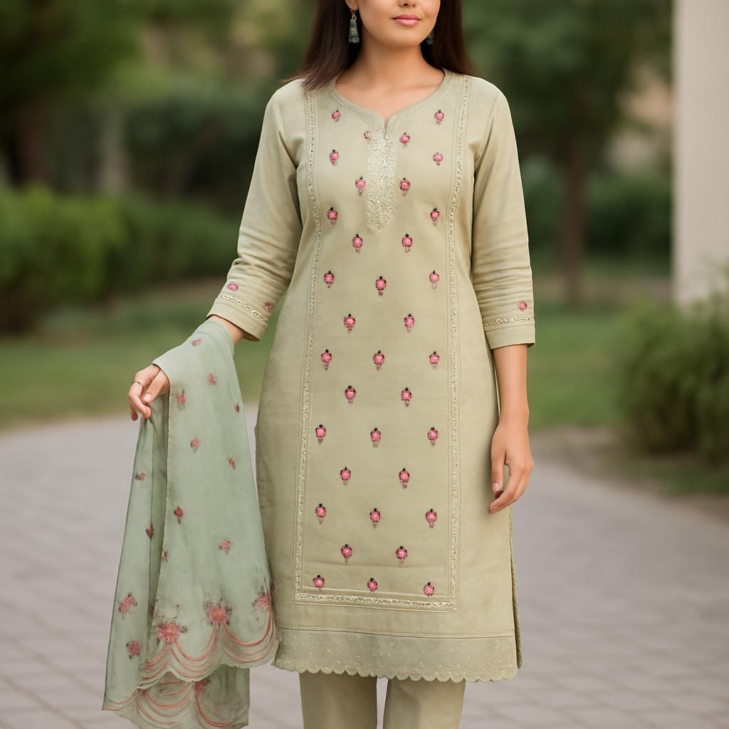 Dark Parrot Green 3P Piece Set With Dupatta For Women