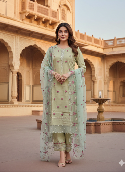 Dark Parrot Green 3P Piece Set With Dupatta For Women