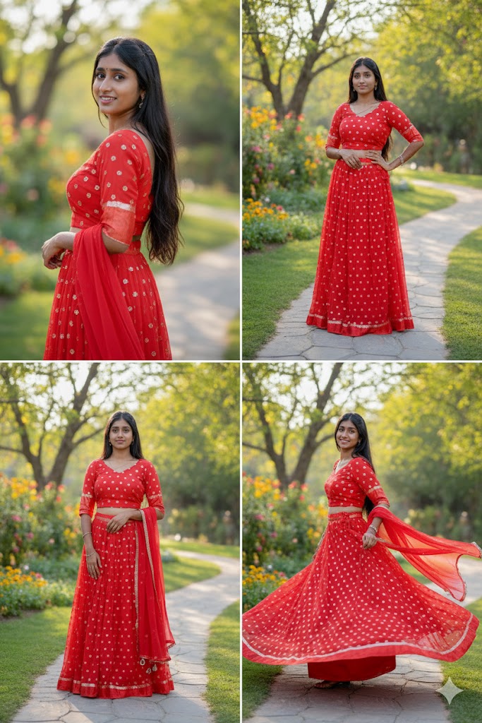 Vibrant Red Small, Scattered Gold-Colored Embellishments Lehenga For Women & Girls