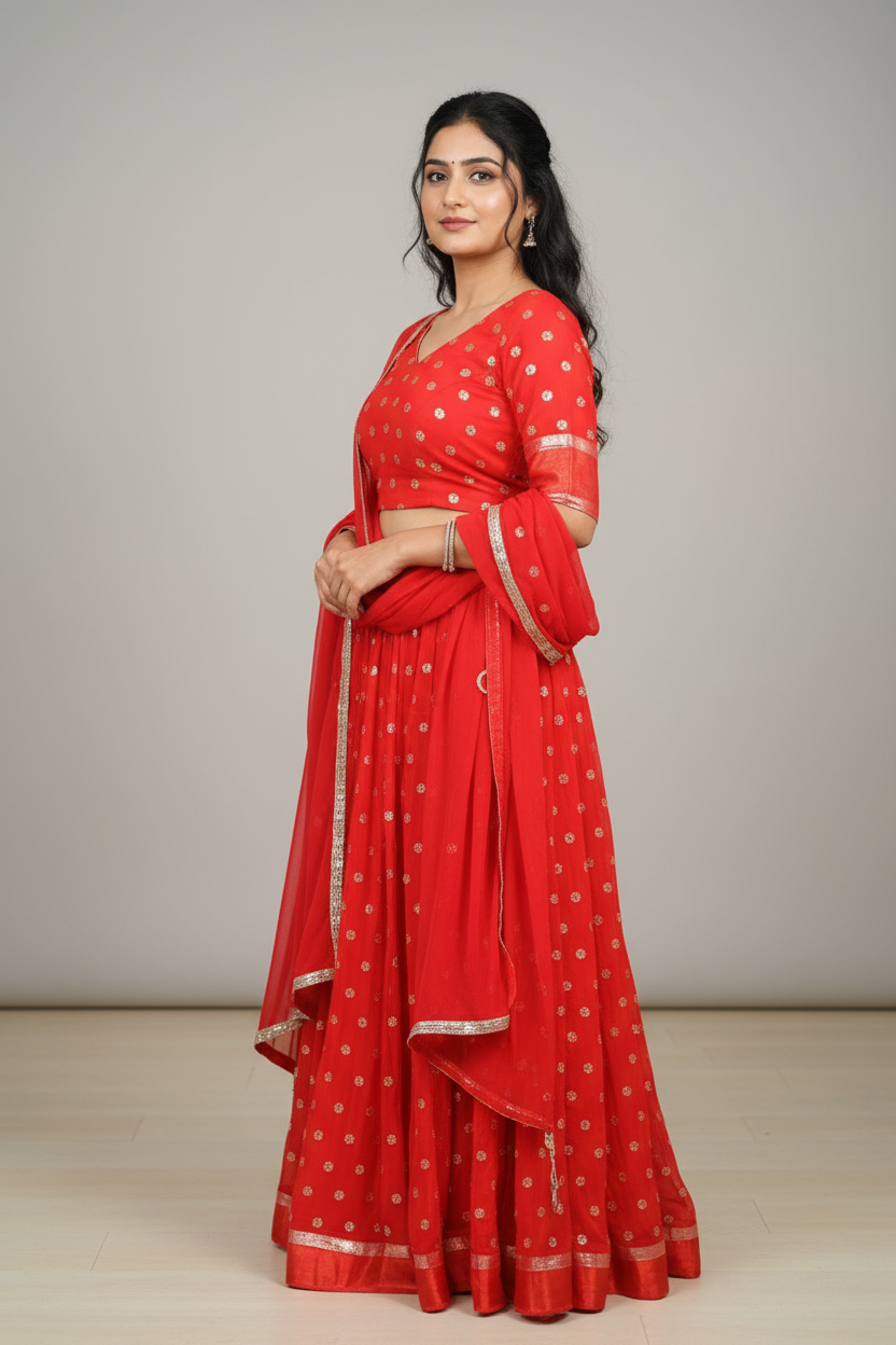 Vibrant Red Small, Scattered Gold-Colored Embellishments Lehenga For Women & Girls