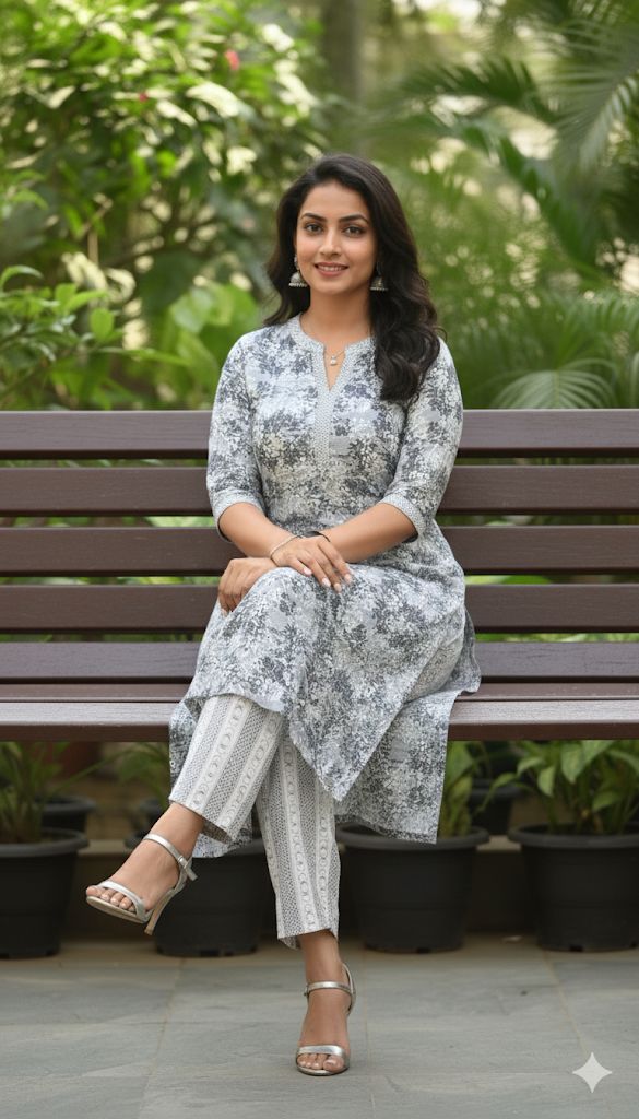 White And Dark Pink Kurti Set  With Floral Dupatta For Women & Girls