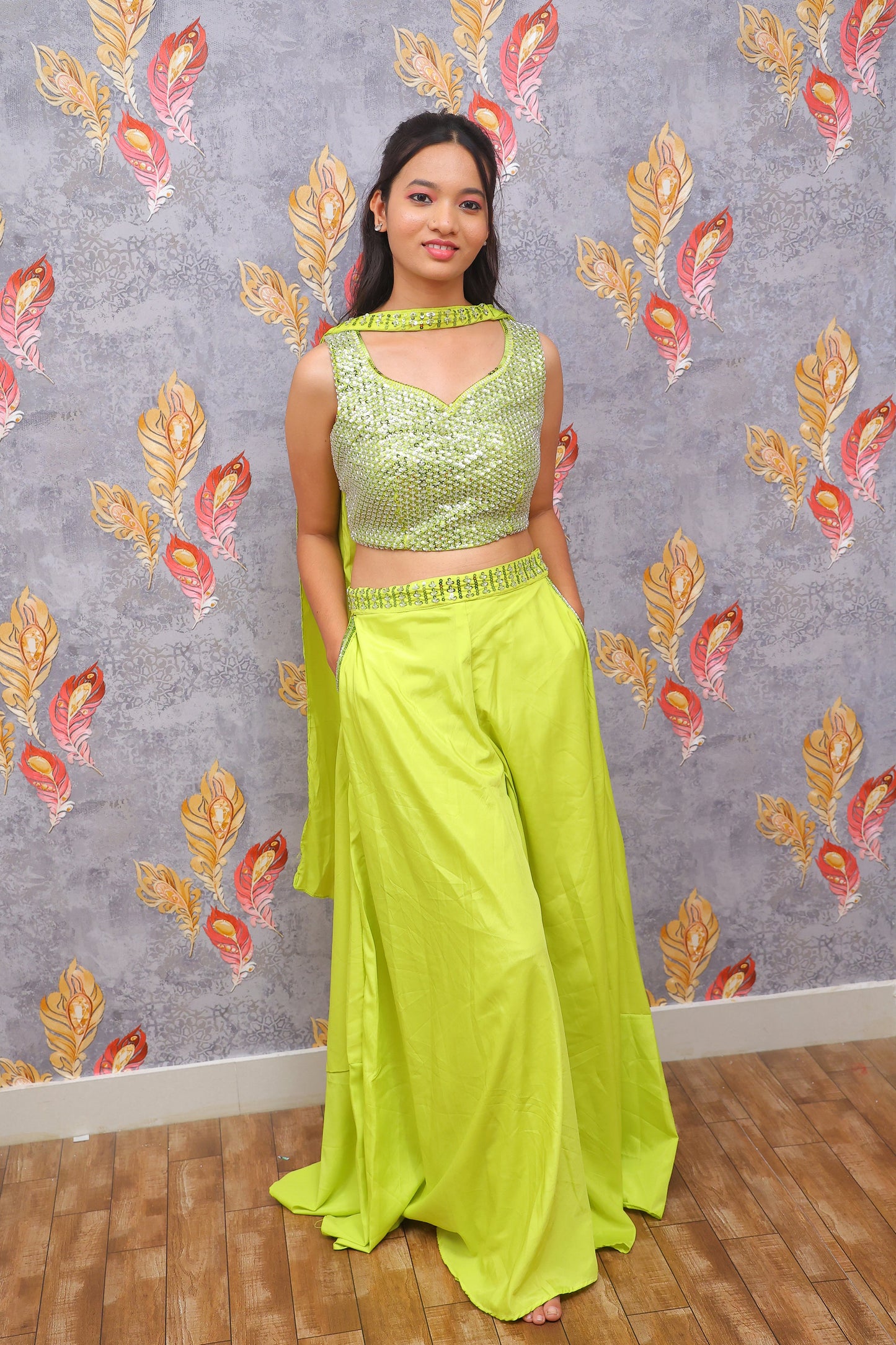 Citrus Green Cotton Crop Top & Palazzo Set For Women & Girls