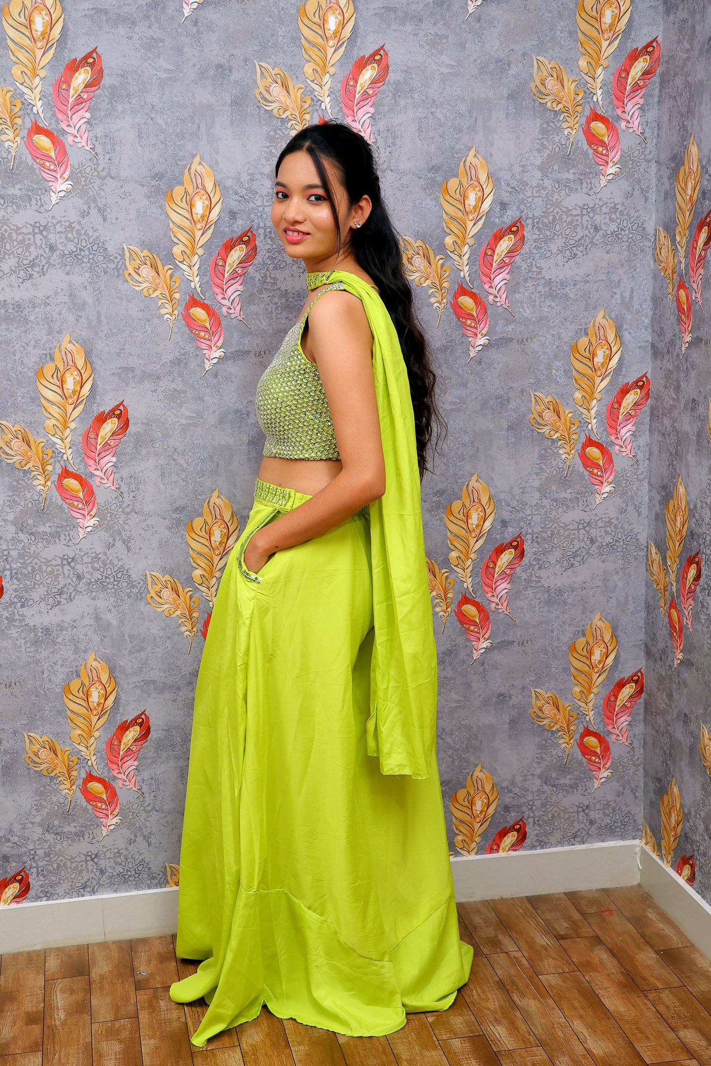 Citrus Green Cotton Crop Top & Palazzo Set For Women & Girls