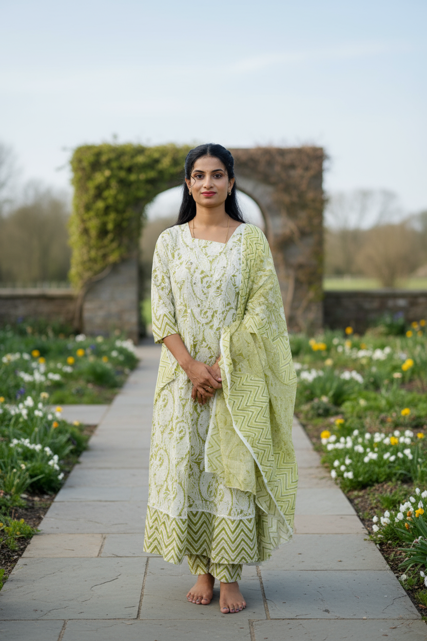 White & Light Green Floral Printed Anarkali Suit With A Matching Dupatta For Women & Girls