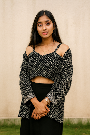 Black Sequined Crop Top With Matching Shrug And Solid Skirt For Women & Girls