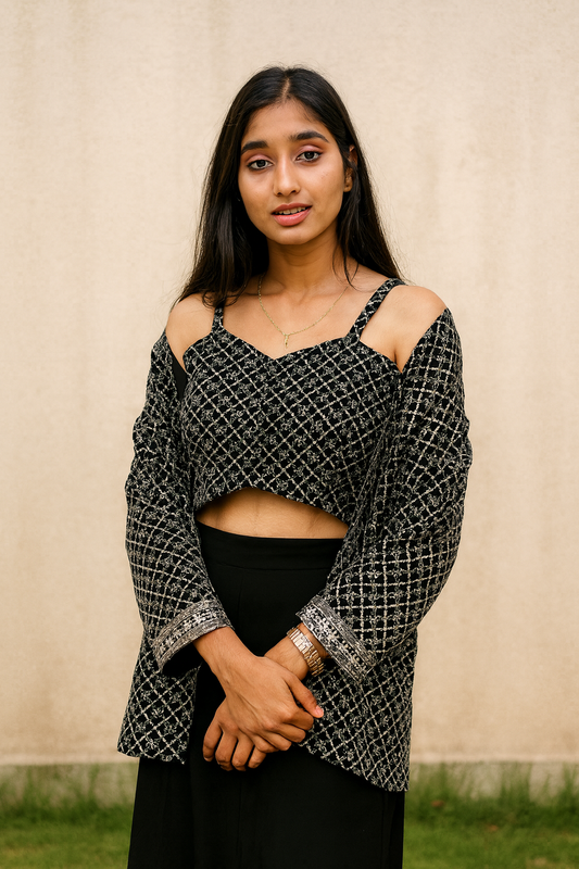 Black Sequined Crop Top With Matching Shrug And Solid Skirt For Women & Girls