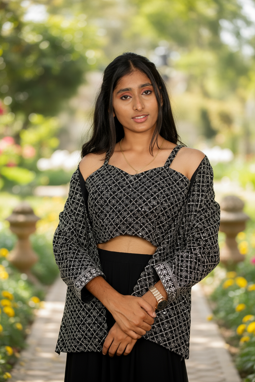 Black Sequined Crop Top With Matching Shrug And Solid Skirt For Women & Girls