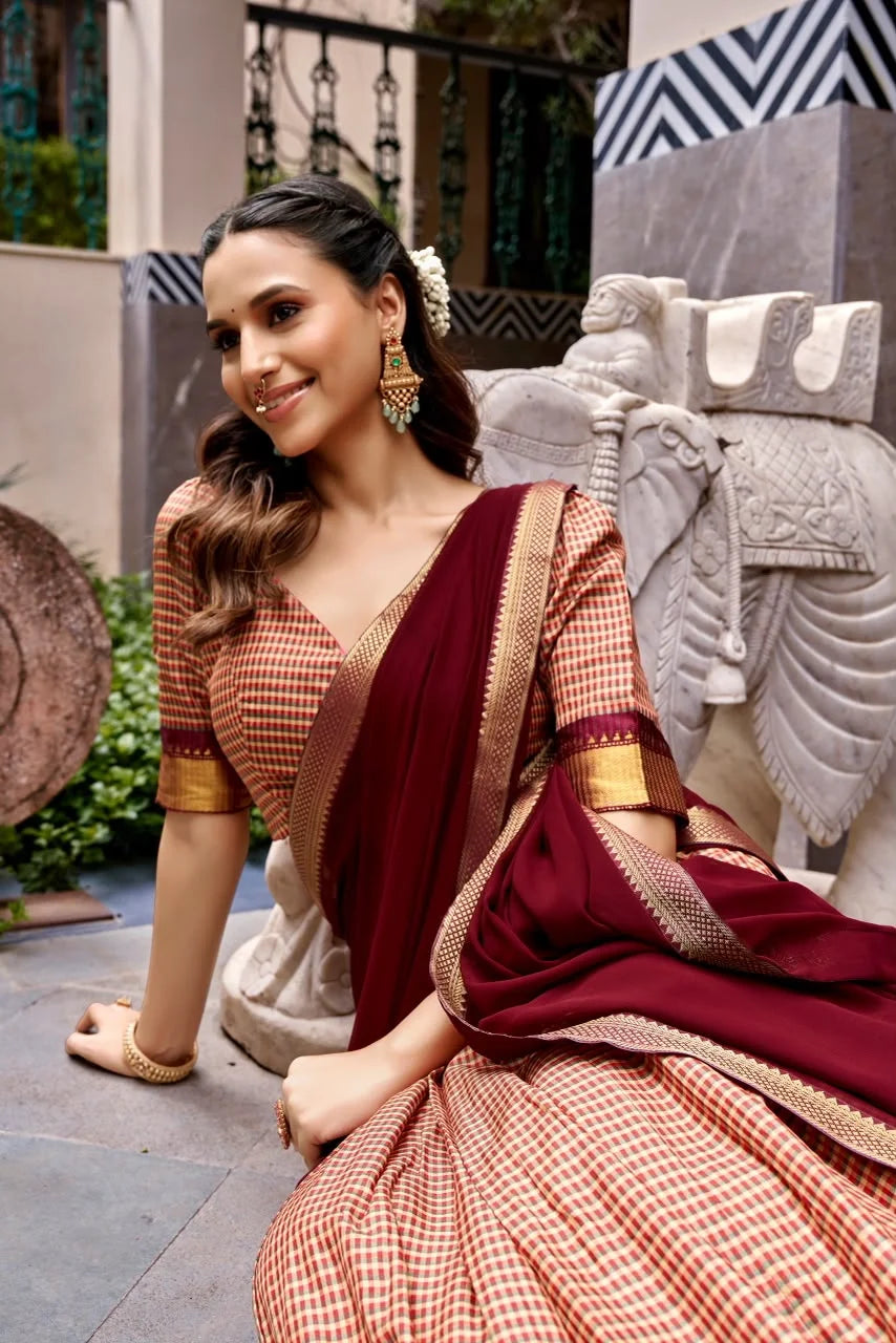 Peach & Maroon Checked Cotton Silk Half Saree with Zari Border