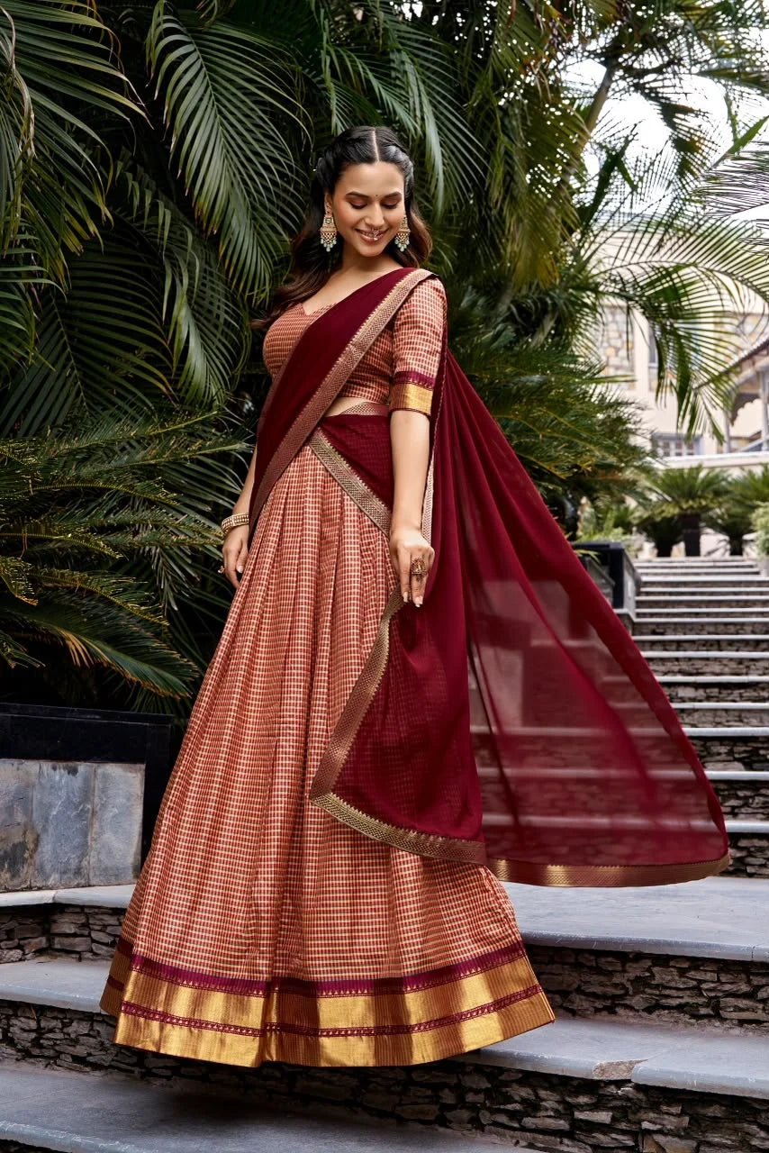 Peach & Maroon Checked Cotton Silk Half Saree with Zari Border