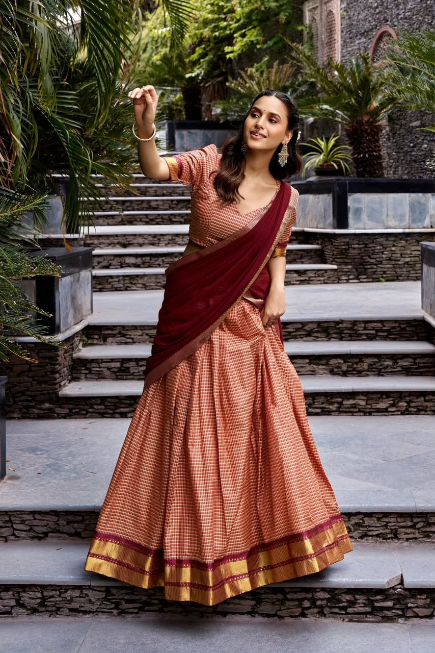 Peach & Maroon Checked Cotton Silk Half Saree with Zari Border