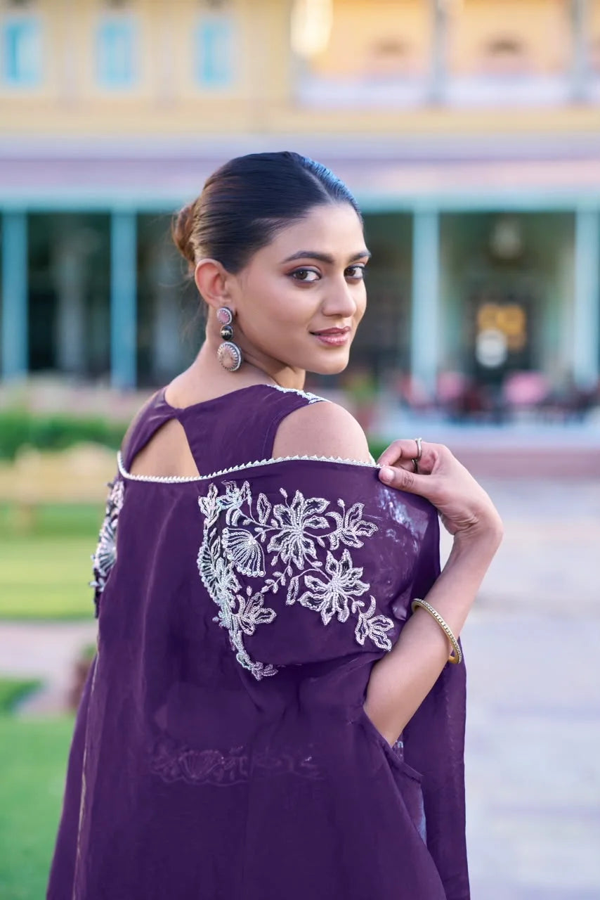 Wine Purple Cape Style Chinon Lehenga with Embroidered Crop Top