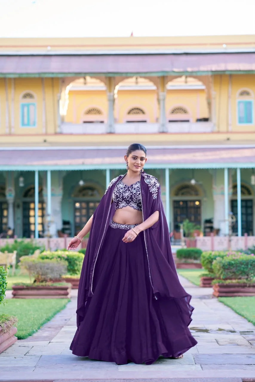 Wine Purple Cape Style Chinon Lehenga with Embroidered Crop Top