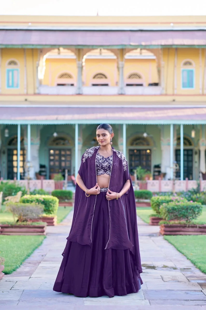 Wine Purple Cape Style Chinon Lehenga with Embroidered Crop Top