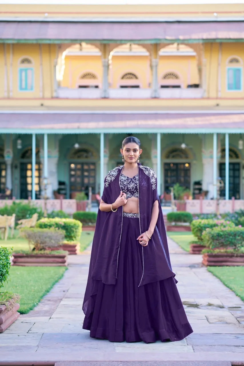 Wine Purple Cape Style Chinon Lehenga with Embroidered Crop Top