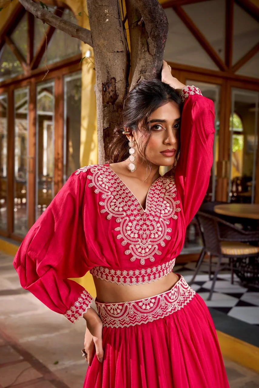 Rani Pink Chinon Lehenga with Batwing Sleeve Crop Top for Women