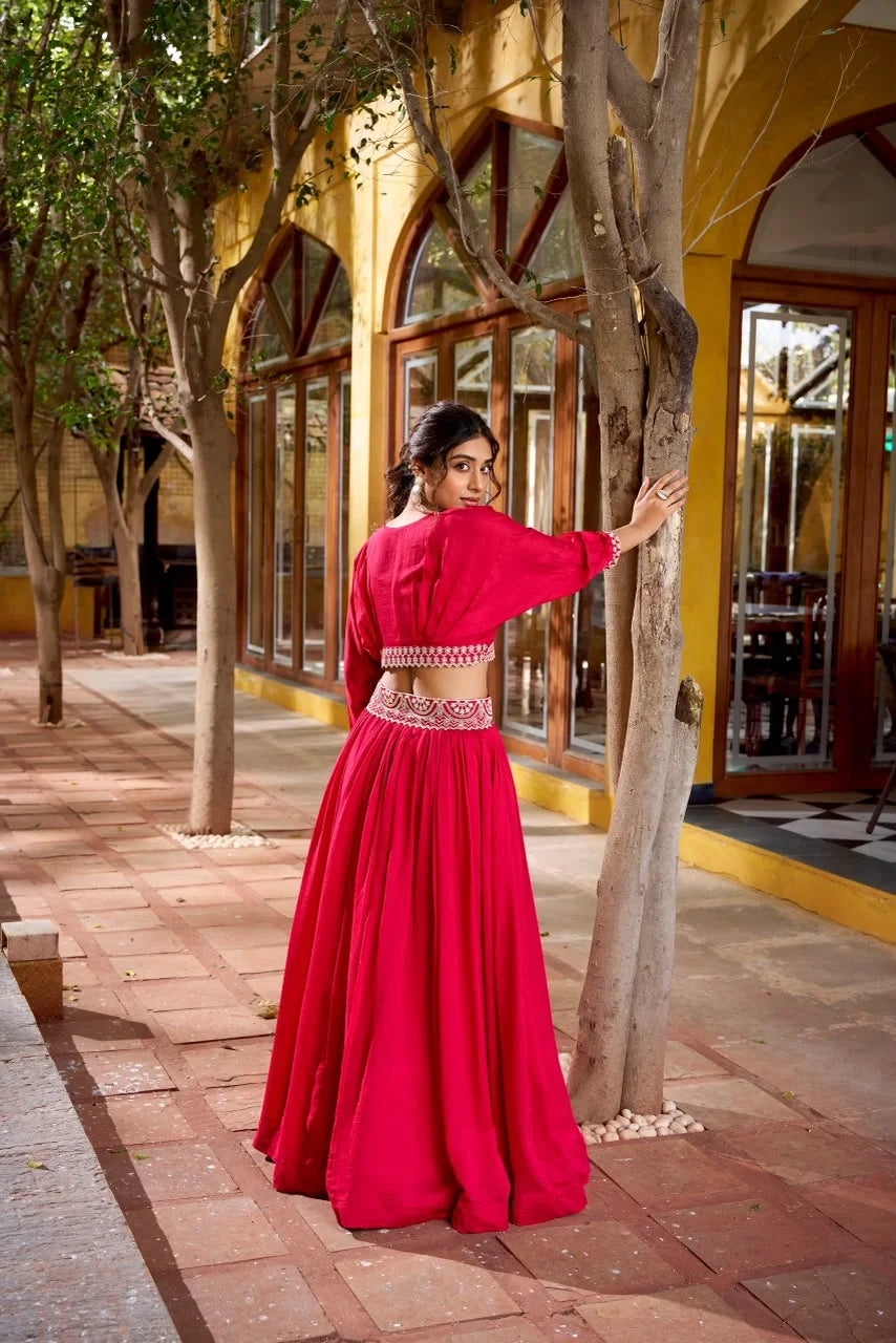 Rani Pink Chinon Lehenga with Batwing Sleeve Crop Top for Women