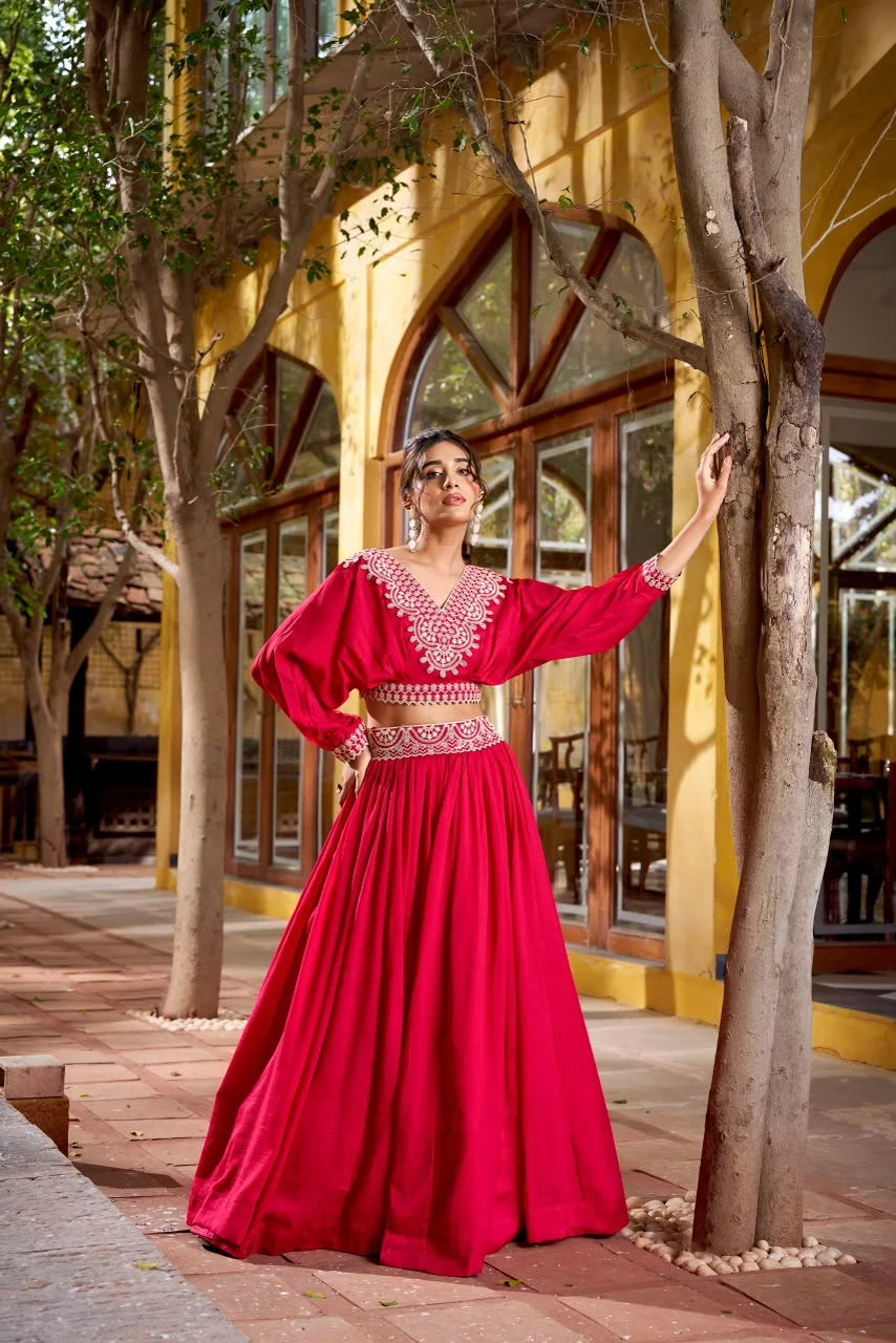 Rani Pink Chinon Lehenga with Batwing Sleeve Crop Top for Women