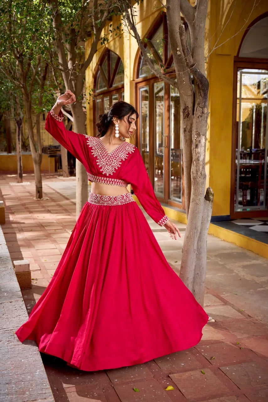 Rani Pink Chinon Lehenga with Batwing Sleeve Crop Top for Women