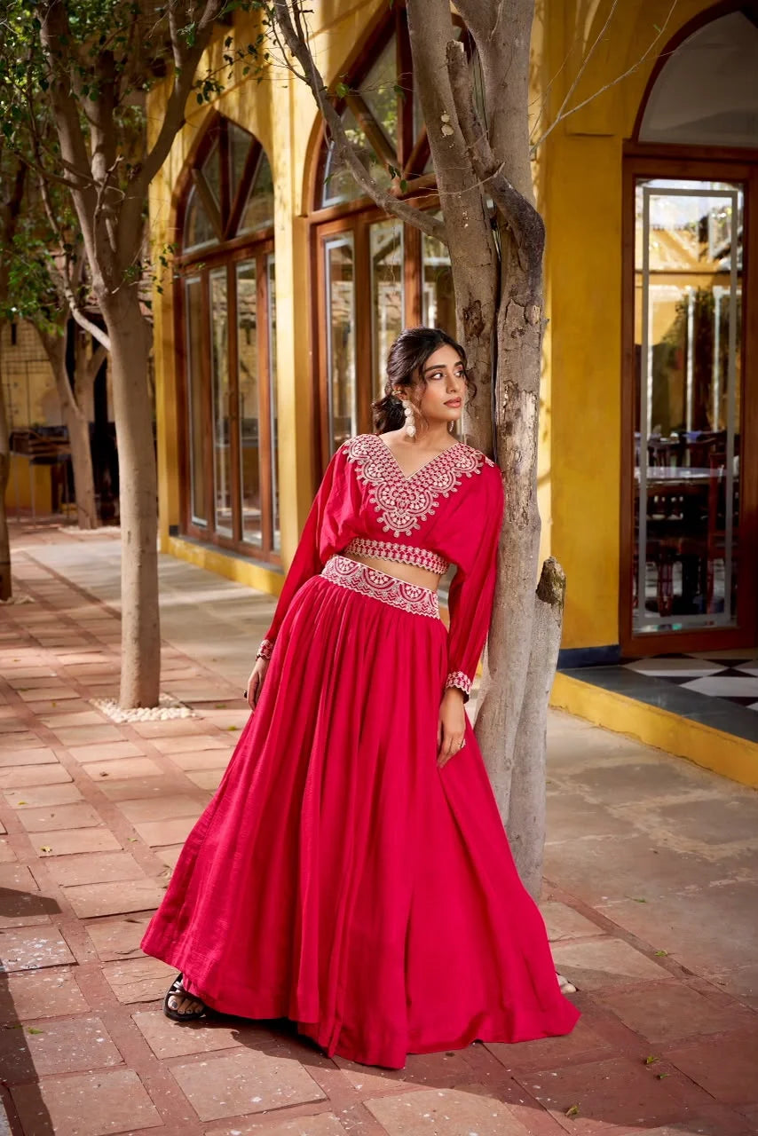 Rani Pink Chinon Lehenga with Batwing Sleeve Crop Top for Women