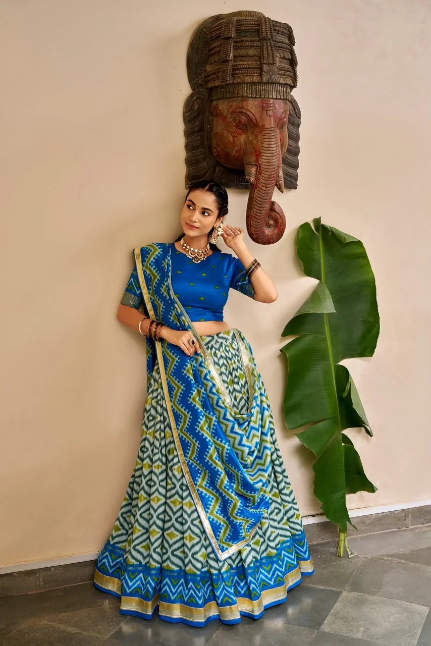 Blue & Green Ikat Print Silk Half Saree with Zari Border