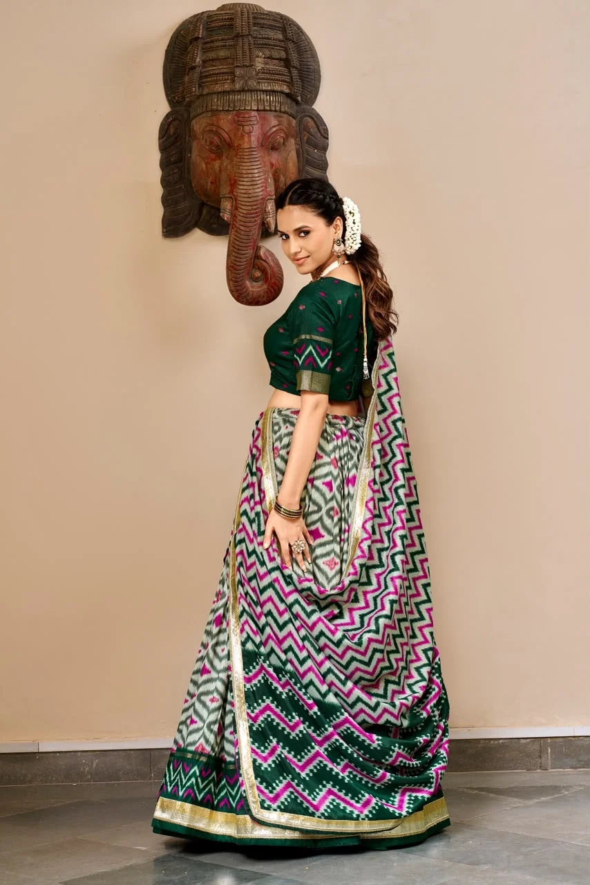 Bottle Green & Magenta Ikat Print Silk Half Saree with Zari Border
