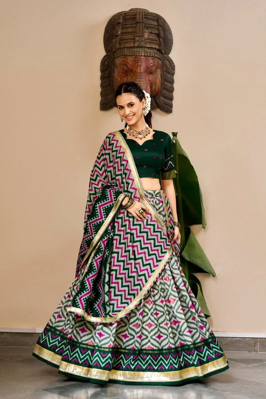 Bottle Green & Magenta Ikat Print Silk Half Saree with Zari Border