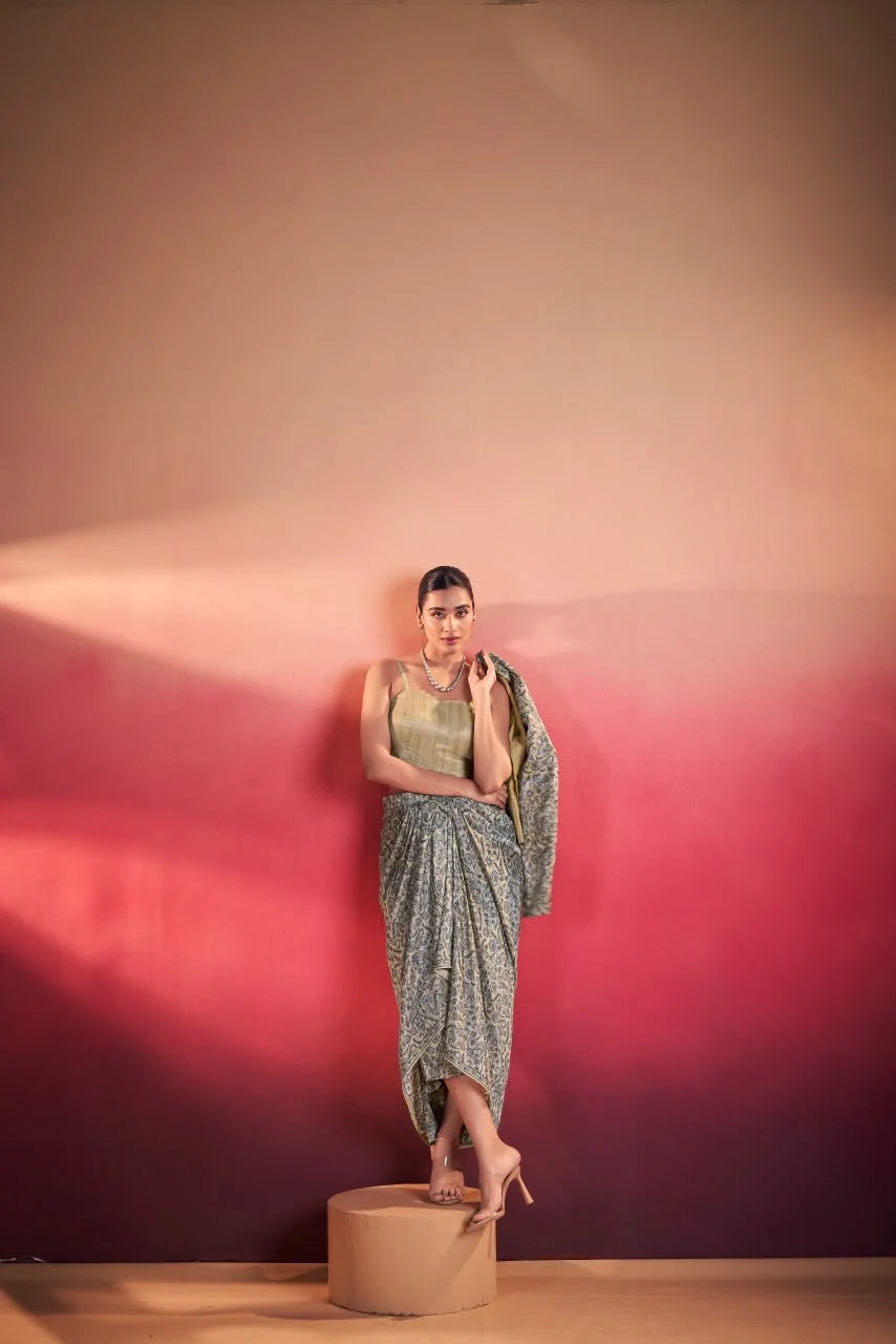 Grey Blue Paisley Print Blazer with Draped Skirt Indo-Western Set for Women