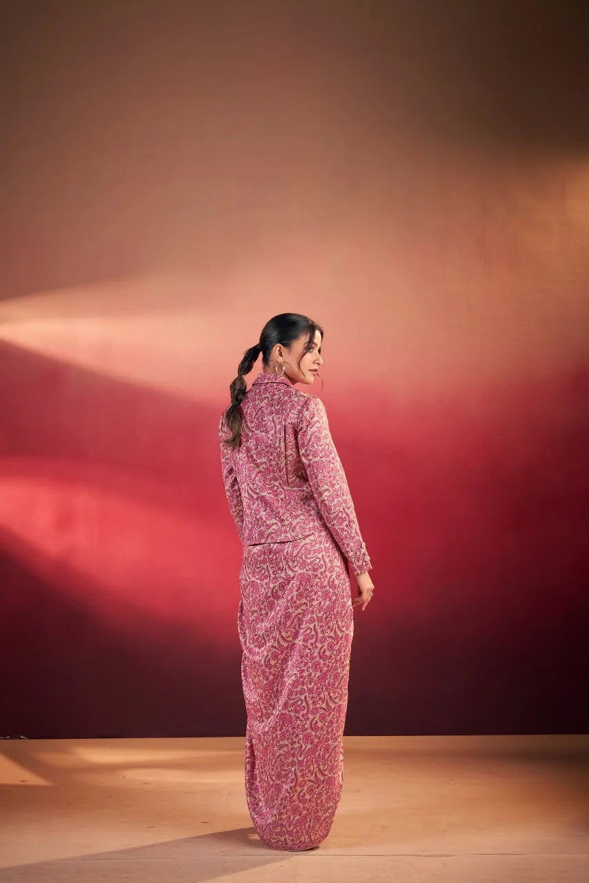 Pink Paisley Print Blazer with Draped Skirt Indo-Western Set for Women