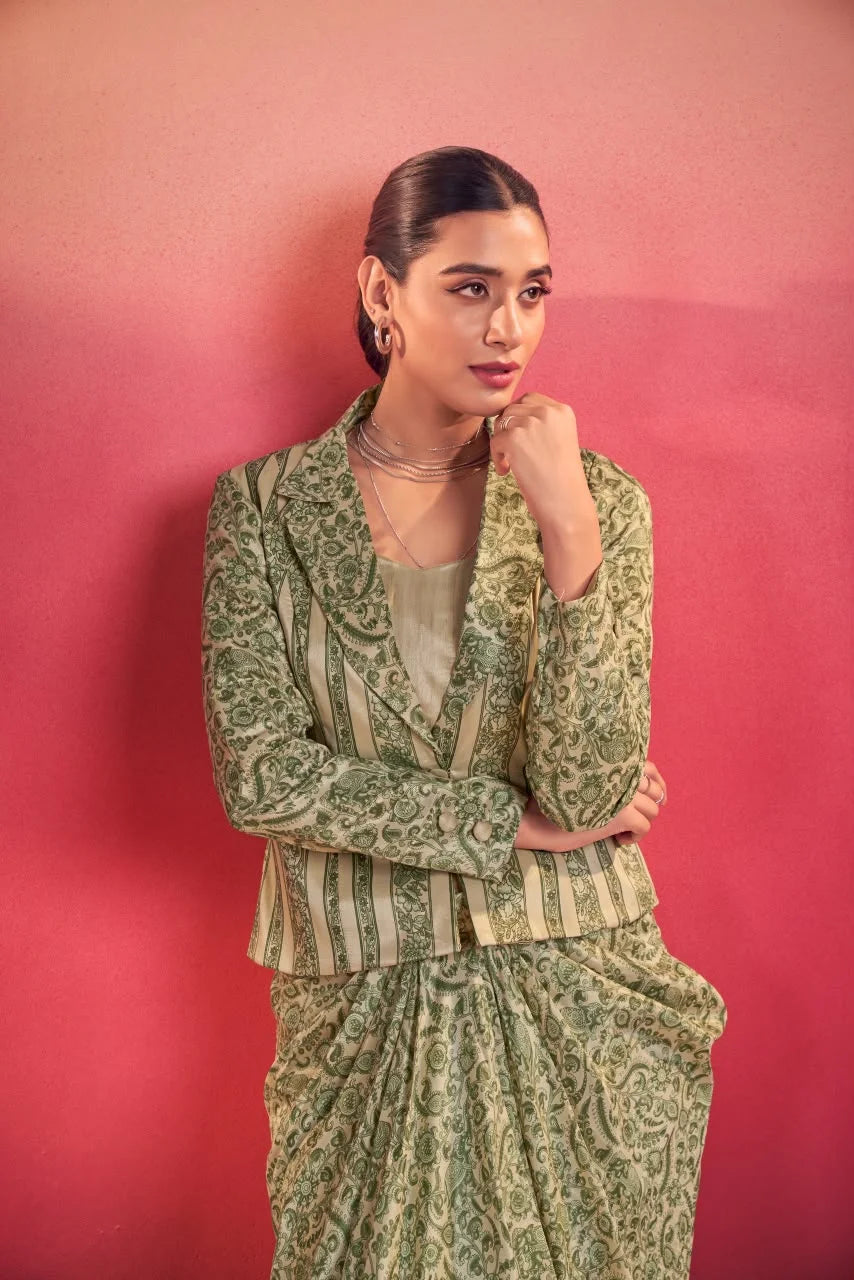 Green Paisley Print Blazer with Draped Skirt Indo-Western Set for Women