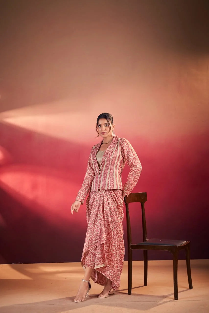 Pink Paisley Print Blazer with Draped Skirt Indo-Western Set for Women