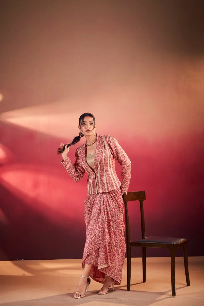 Pink Paisley Print Blazer with Draped Skirt Indo-Western Set for Women