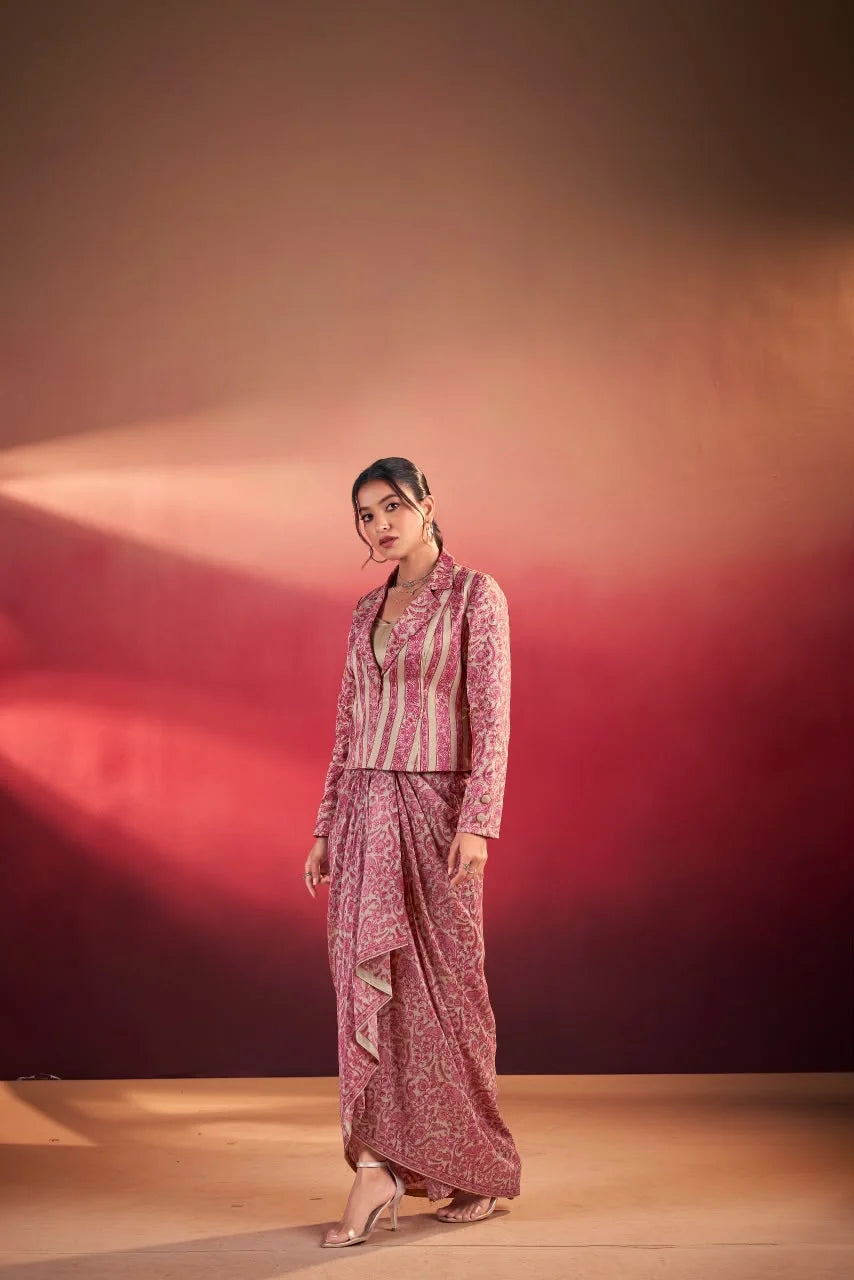 Pink Paisley Print Blazer with Draped Skirt Indo-Western Set for Women