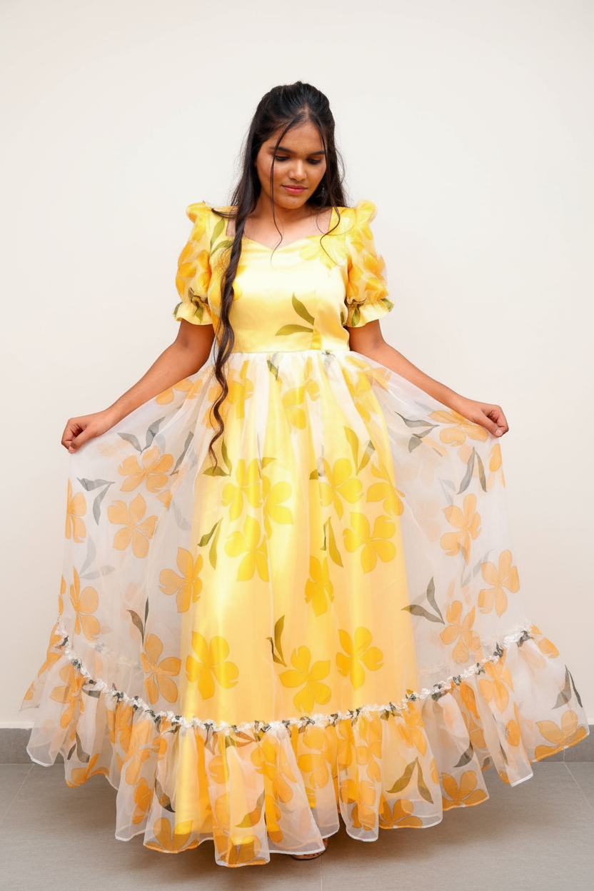 Yellow Maxi Gown With A Floral Design For Women & Girls