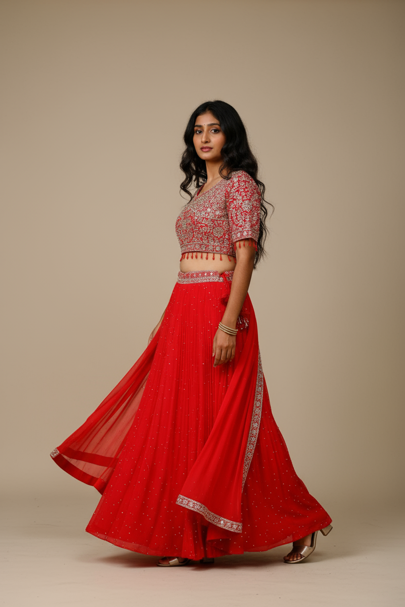 Red Lehenga Choli With Jacquard Design And Embroidery For Women & Girls