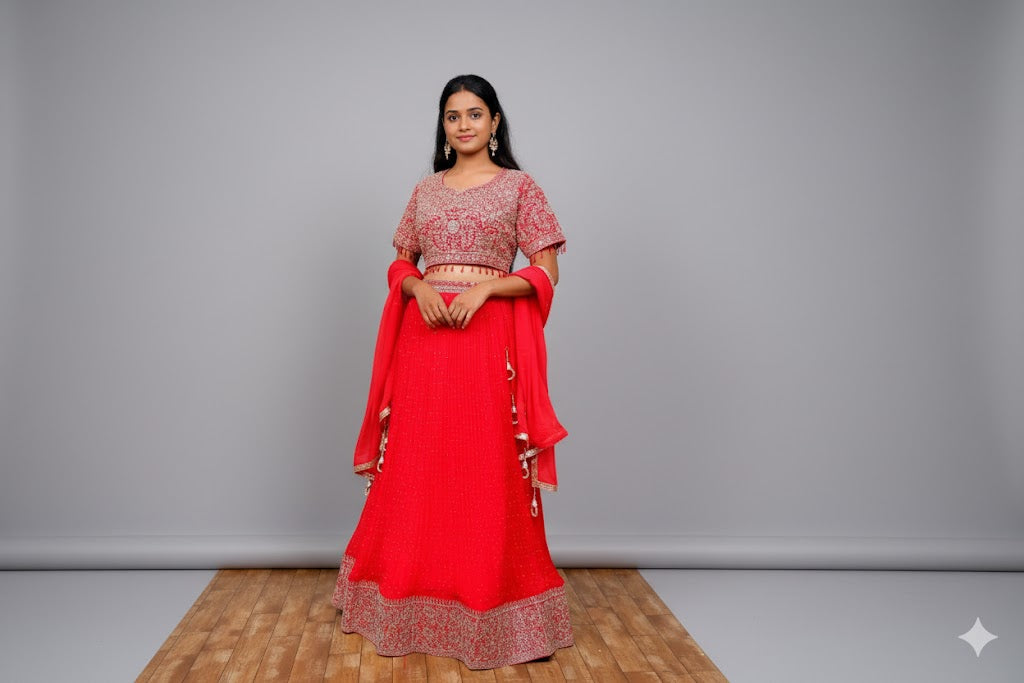 Red Lehenga Choli With Jacquard Design And Embroidery For Women & Girls