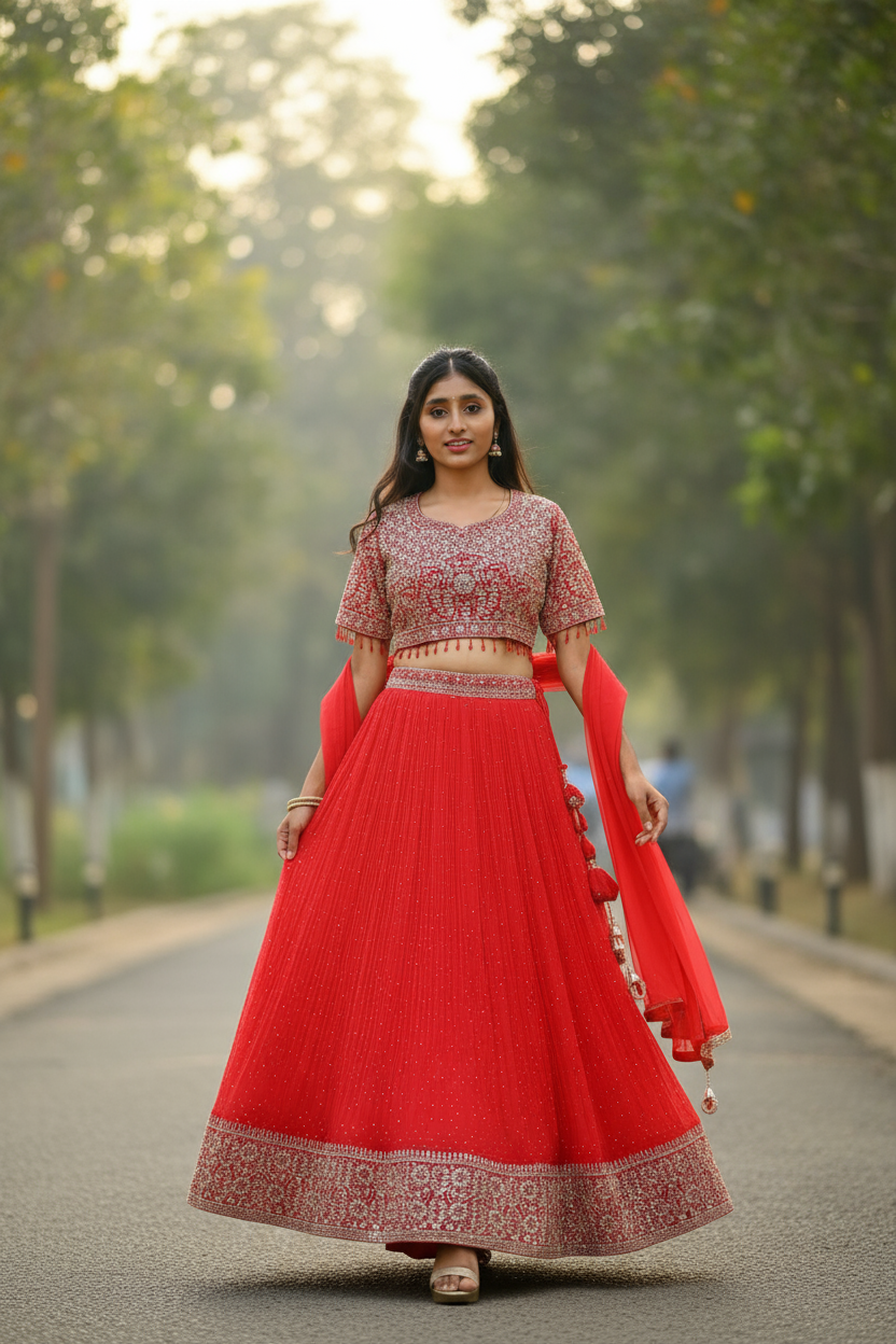 Red Lehenga Choli With Jacquard Design And Embroidery For Women & Girls