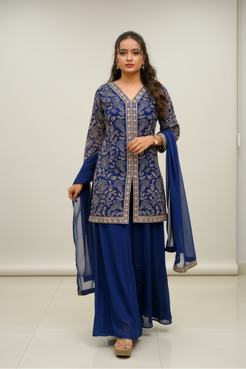 Dark Blue Crop Top With Silver And Gold Embroidered Design For Women & Girls