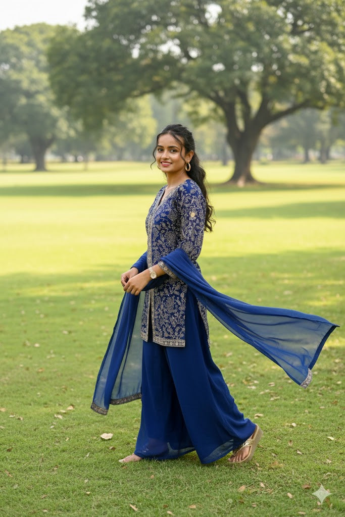 Dark Blue Crop Top With Silver And Gold Embroidered Design For Women & Girls