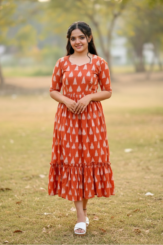 Brown V-Neck, Tiered Midi Dress With A White Print Frock For Women & Girls