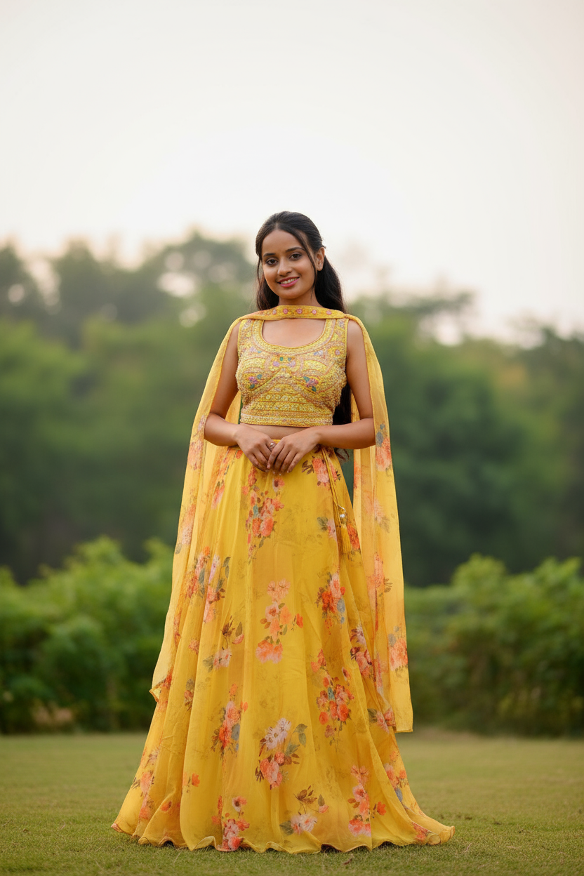 Yellow Lehenga Choli With Floral Print Skirt, Embroidered Blouse, And Dupatta For Women & Girls