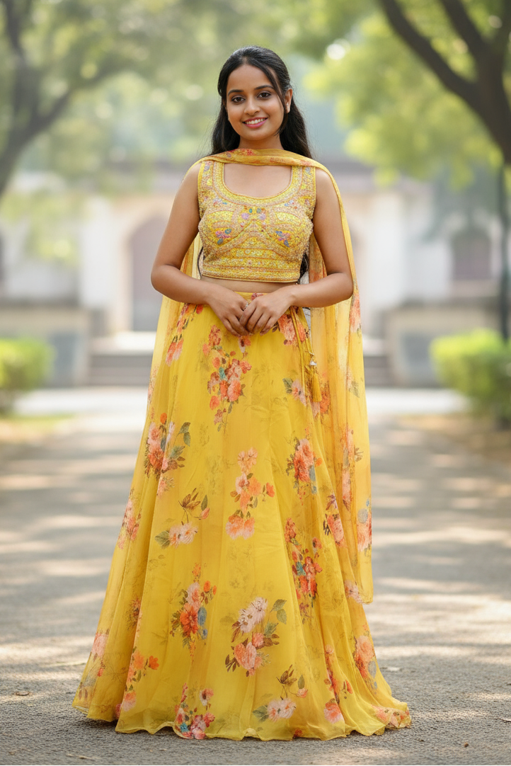 Yellow Lehenga Choli With Floral Print Skirt, Embroidered Blouse, And Dupatta For Women & Girls