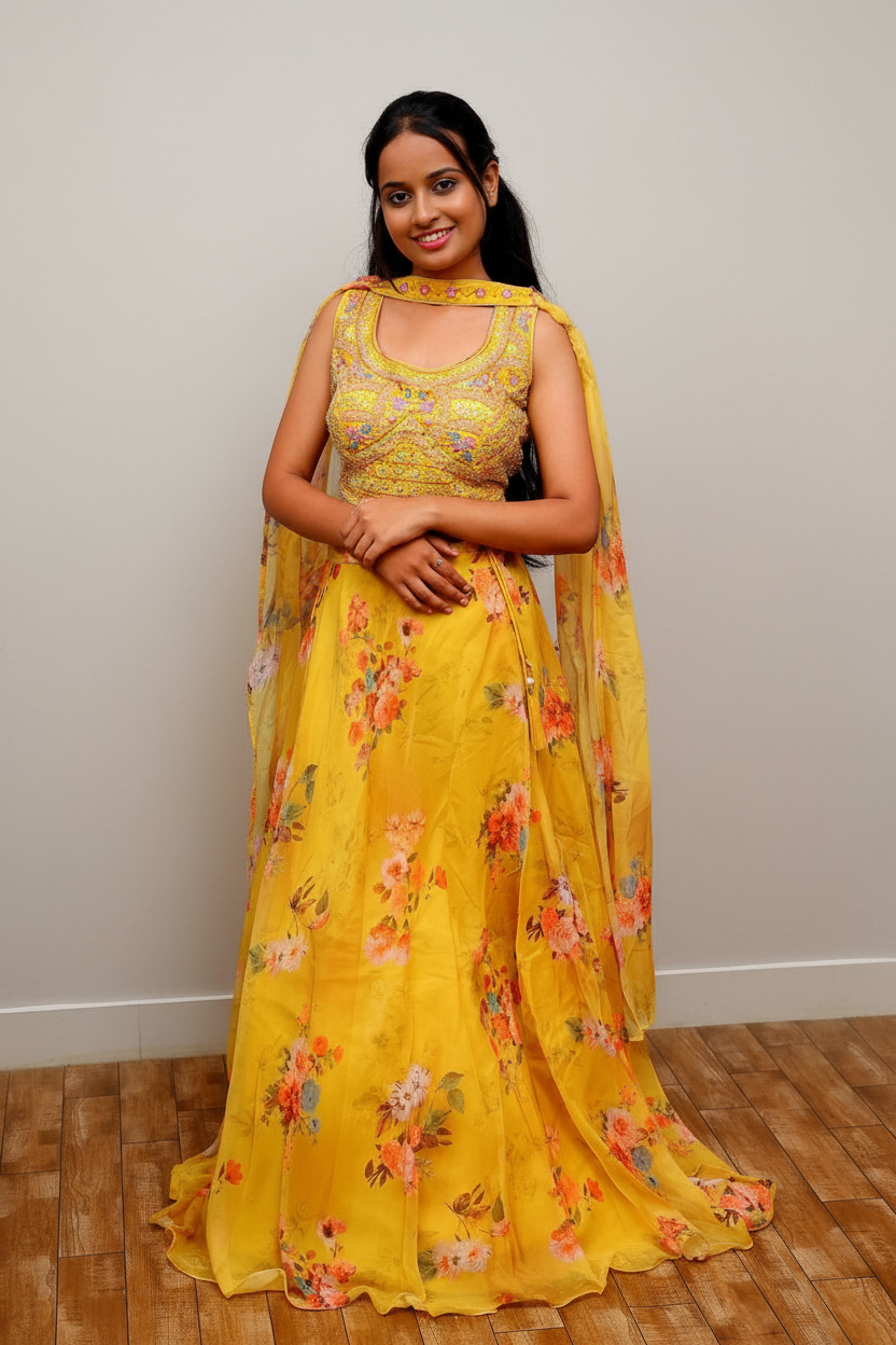 Yellow Lehenga Choli With Floral Print Skirt, Embroidered Blouse, And Dupatta For Women & Girls