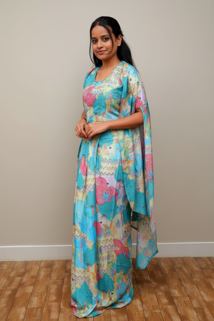 Multicolor Artistic Ensemble With Nature-Inspired Patterns Lehenga For Women & Girls