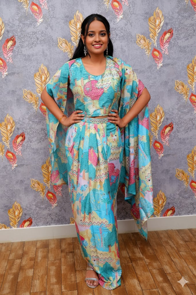 Multicolor Artistic Ensemble With Nature-Inspired Patterns Lehenga For Women & Girls