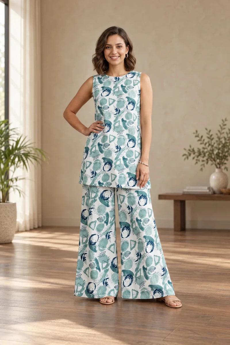 A woman stands outdoors in a garden courtyard wearing a sleeveless, wide-leg two-piece outfit with a teal and white abstract floral print. The set includes a short tunic top and matching wide pants.