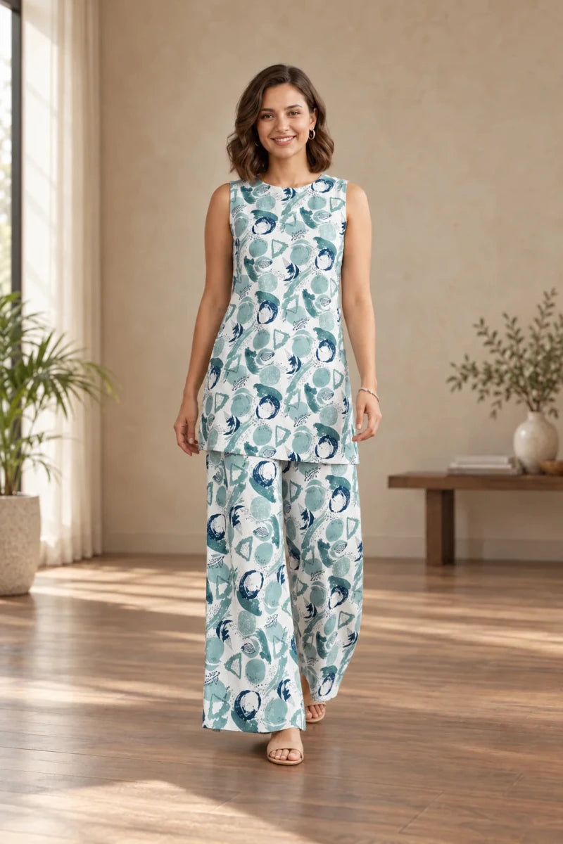 A woman modeling a sleeveless white two-piece pajama set with a blue and teal abstract circular pattern, standing in a brightly lit room with wooden floors and plants.
