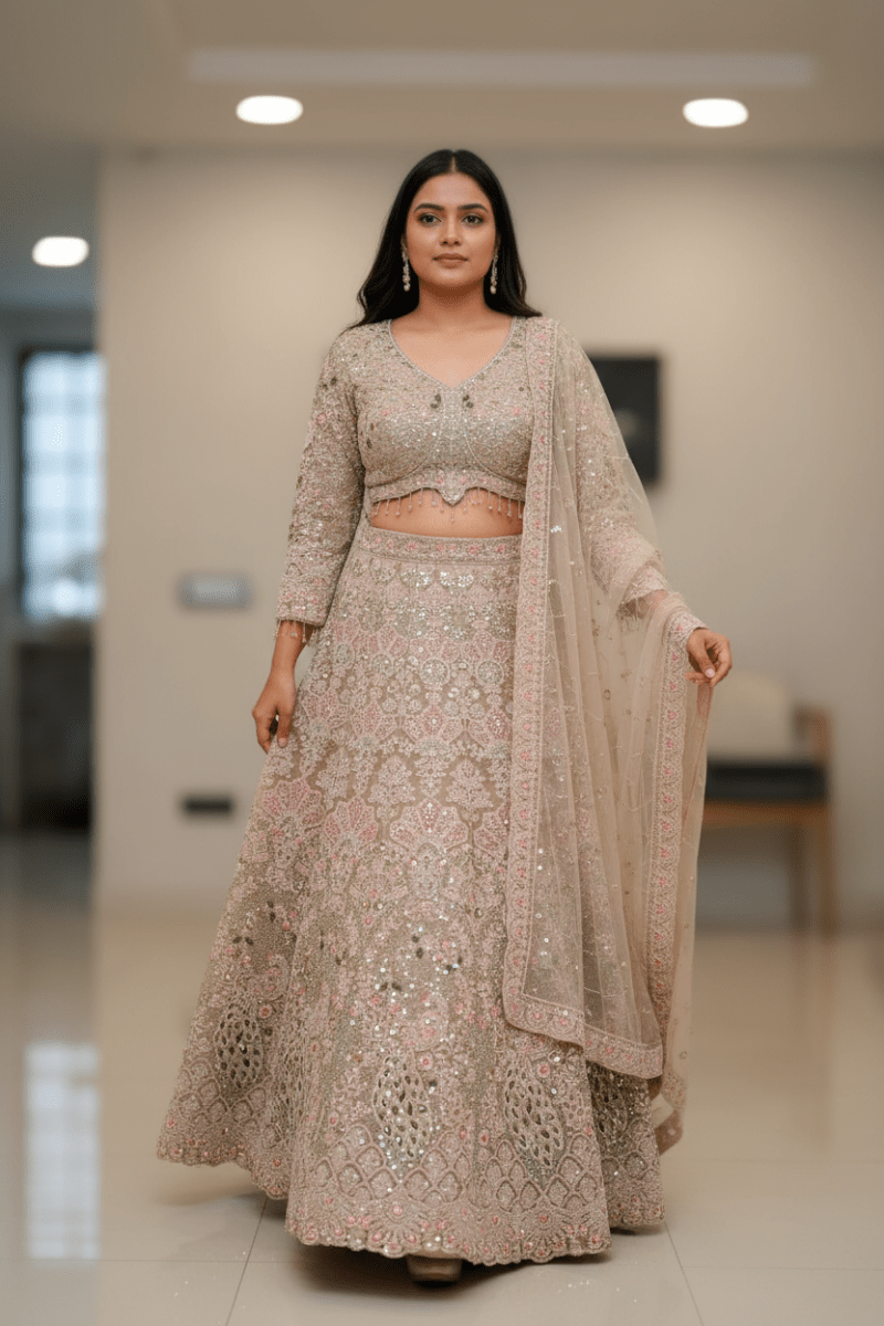 Beige Embellished Designer Lehenga For Women & Girls - Aira Fabrics Designer Studio