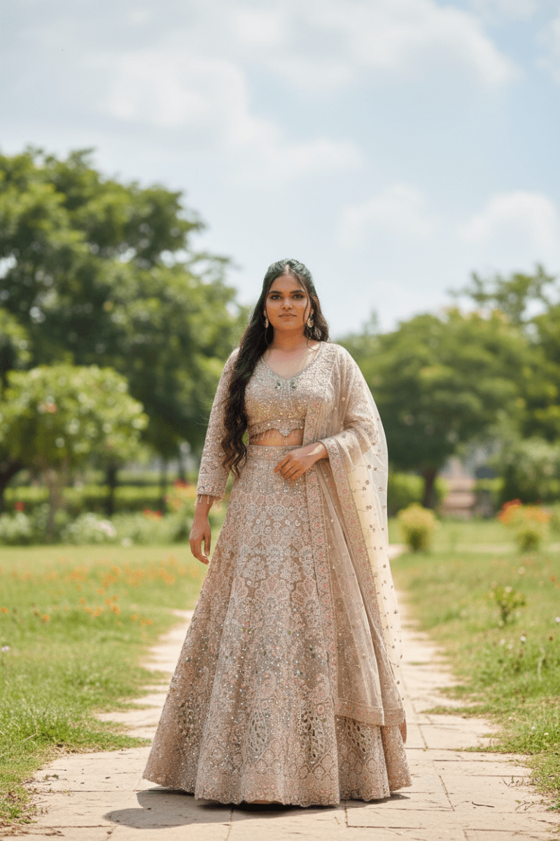 Beige Embellished Designer Lehenga For Women & Girls - Aira Fabrics Designer Studio